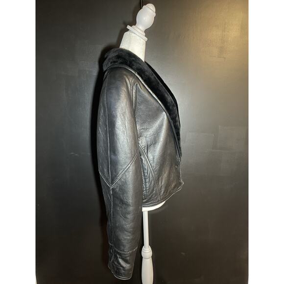 Vtg John Carlisle San Francisco Black Leather Jacket Shearling Collar 80s 90s M. - Picture 6 of 12